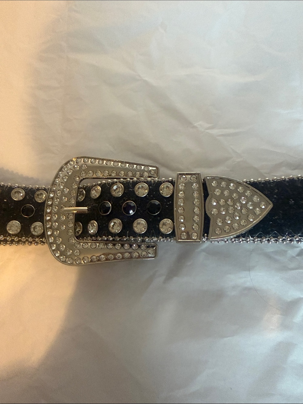 Black Rhinestone Western-Style Belt with Silver Buckle
